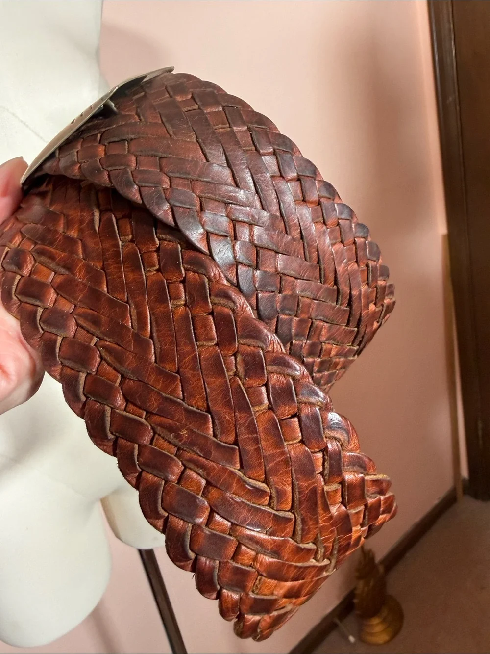 Vintage 1990 Brown woven wide Leather Oversized Silver Concho Belt adjustable